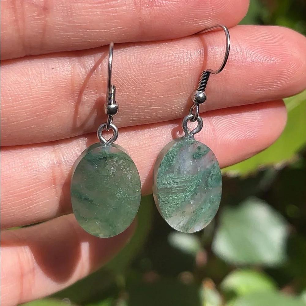Stainless steel faceted moss‎ agate earrings B